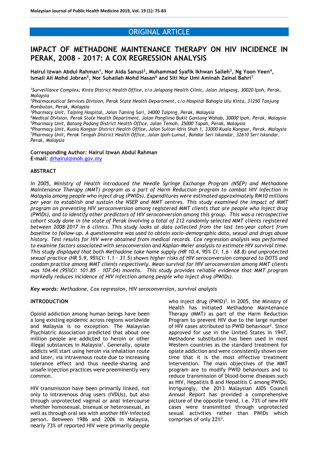 Original Article Impact of Methadone Maintenance