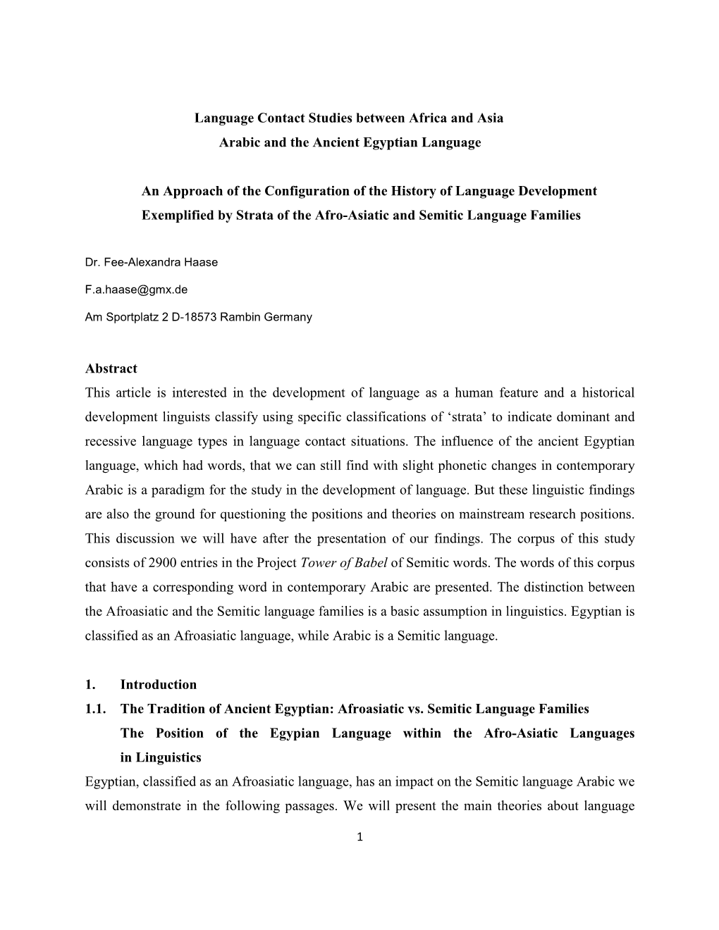 Language Contact Studies Between Africa and Asia Arabic and the Ancient Egyptian Language