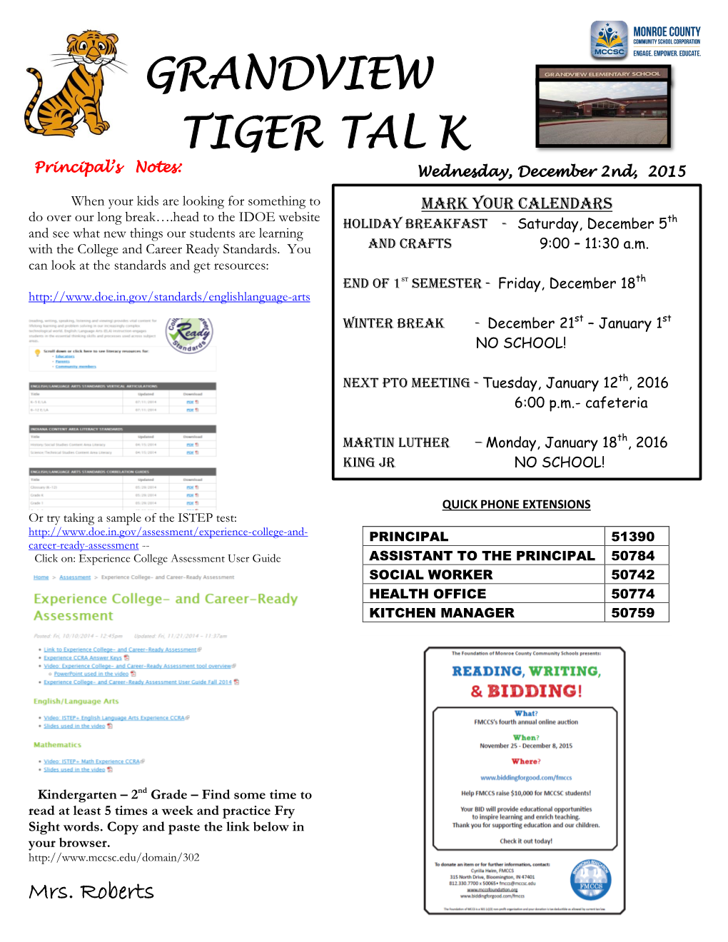 GRANDVIEW TIGER TAL K Principal’S Notes: Wednesday, December 2Nd, 2015