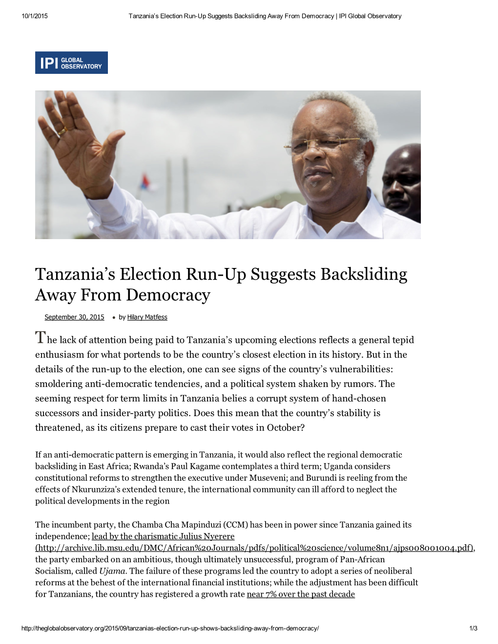 Tanzania's Election Runup Suggests Backsliding Away from Democracy