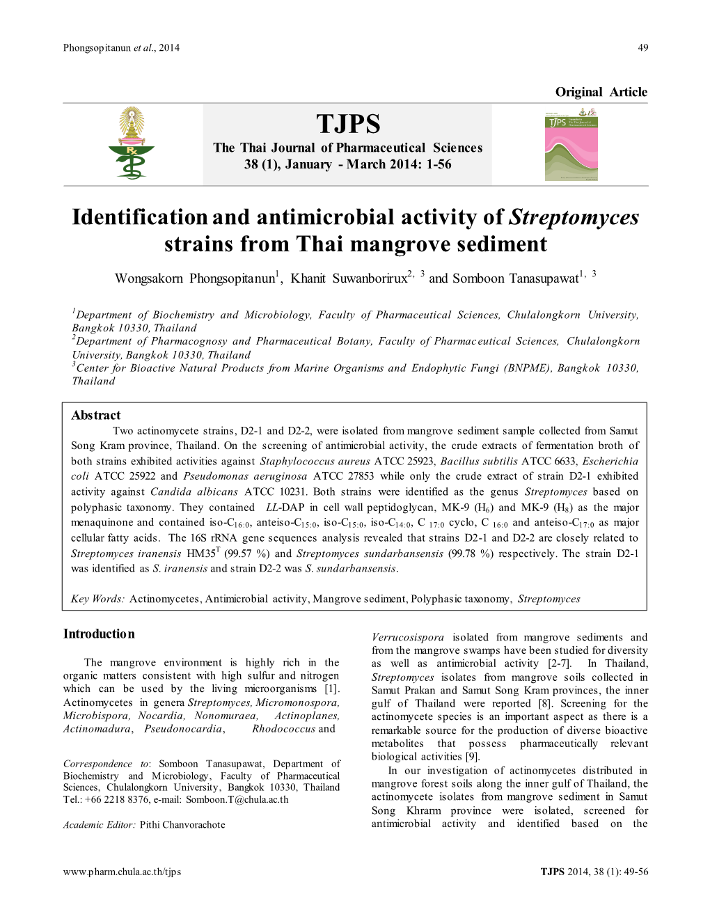 Identification and Antimicrobial Activity of Streptomyces Strains from Thai