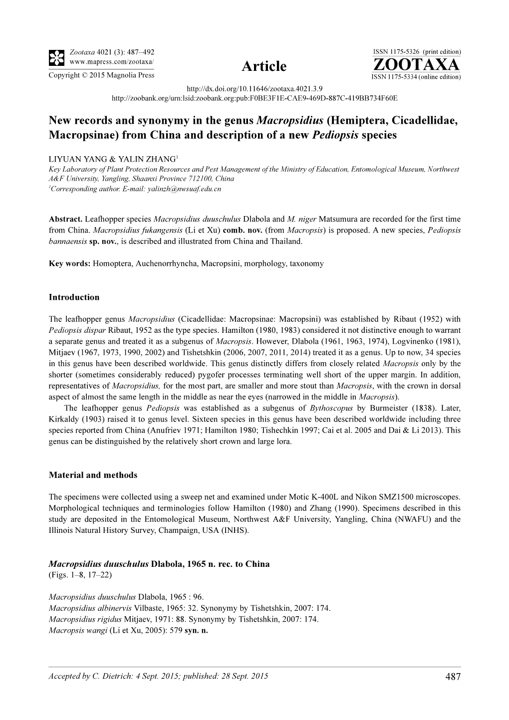 Hemiptera, Cicadellidae, Macropsinae) from China and Description of a New Pediopsis Species