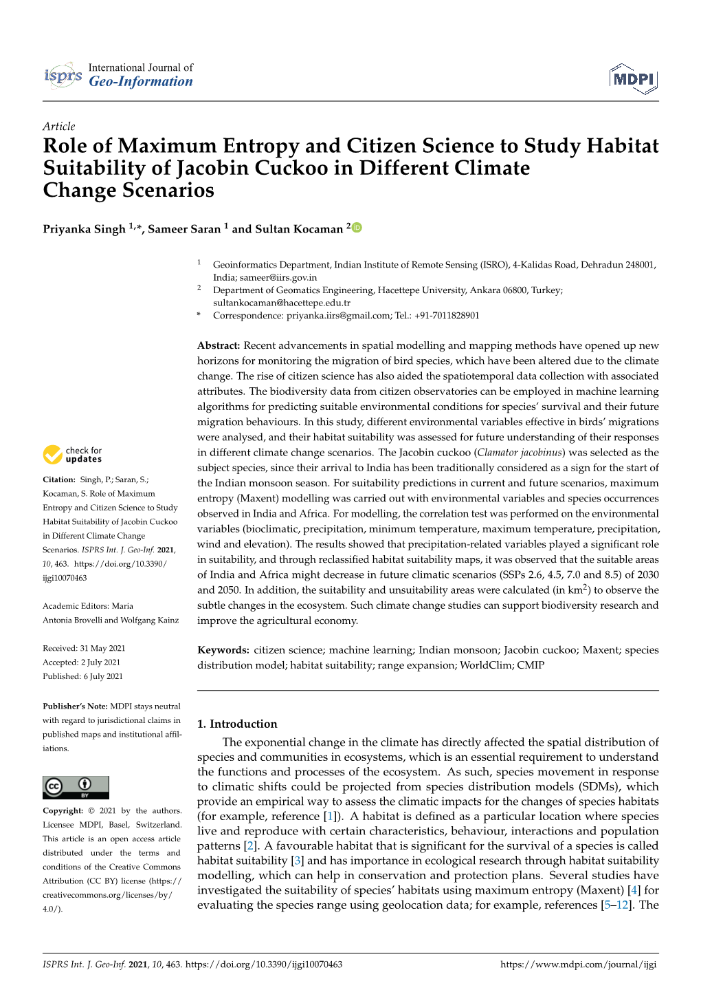 Role of Maximum Entropy and Citizen Science to Study Habitat Suitability of Jacobin Cuckoo in Different Climate Change Scenarios