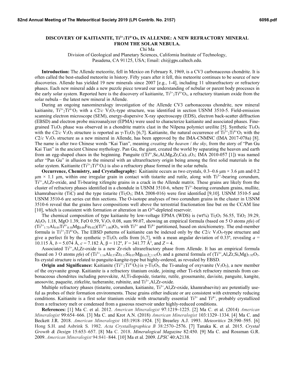 DISCOVERY of KAITIANITE, Ti3+ 2Ti4+O5, in ALLENDE