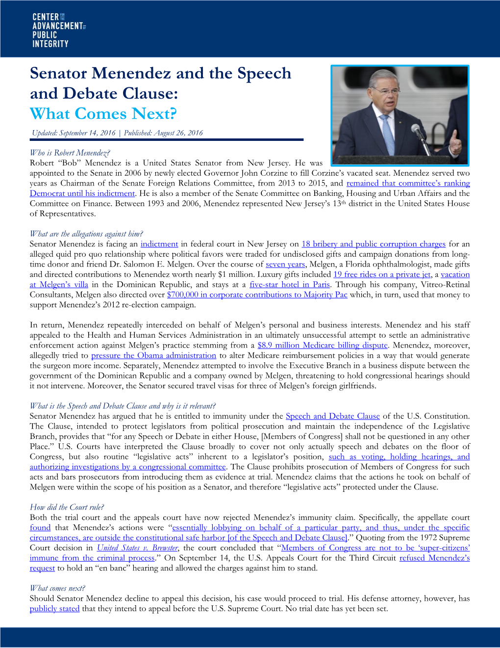 Senator Menendez and the Speech and Debate Clause: What Comes Next?