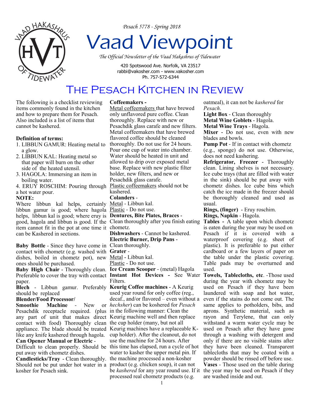 Vaad Viewpoint the Official Newsletter of the Vaad Hakashrus of Tidewater