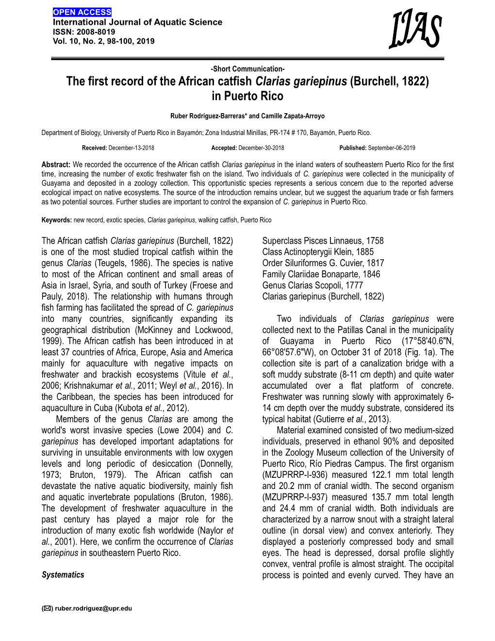 The First Record of the African Catfish Clarias Gariepinus (Burchell, 1822) in Puerto Rico