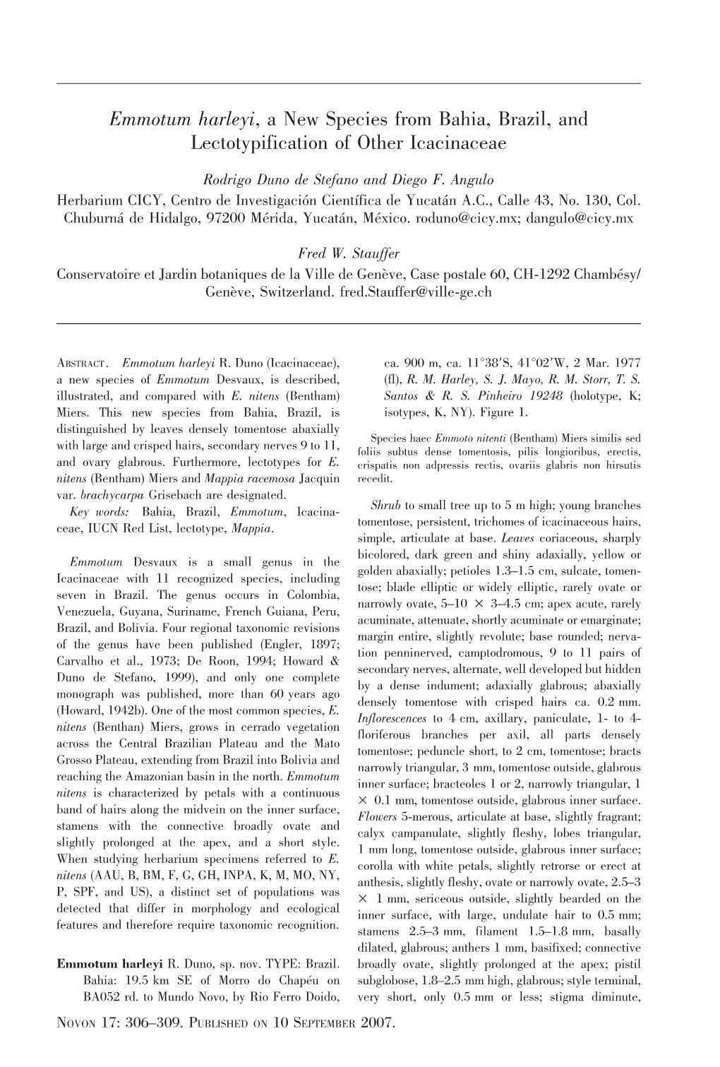 Emmotum Harleyi, a New Species from Bahia, Brazil, and Lectotypification of Other Icacinaceae