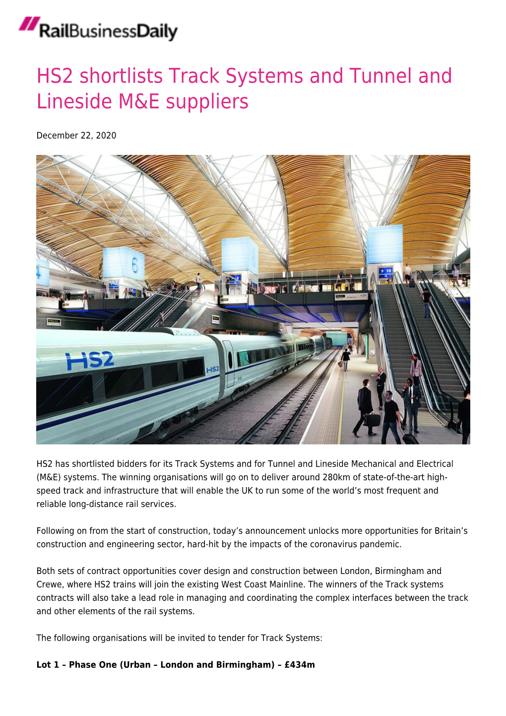 HS2 Shortlists Track Systems and Tunnel and Lineside M&E Suppliers