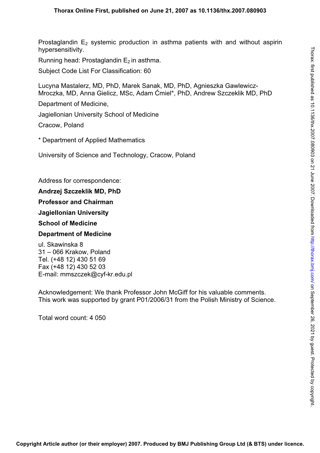 Prostaglandin E2 Systemic Production in Asthma Patients with and Without Aspirin Thorax: First Published As 10.1136/Thx.2007.080903 on 21 June 2007