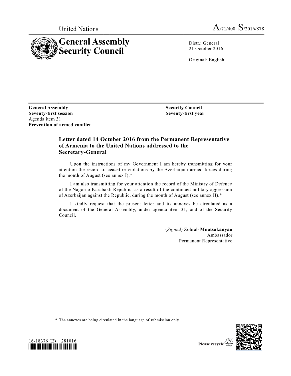 General Assembly Security Council Seventy-First Session Seventy-First Year Agenda Item 31 Prevention of Armed Conflict