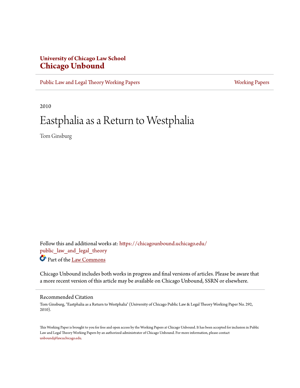Eastphalia As a Return to Westphalia Tom Ginsburg