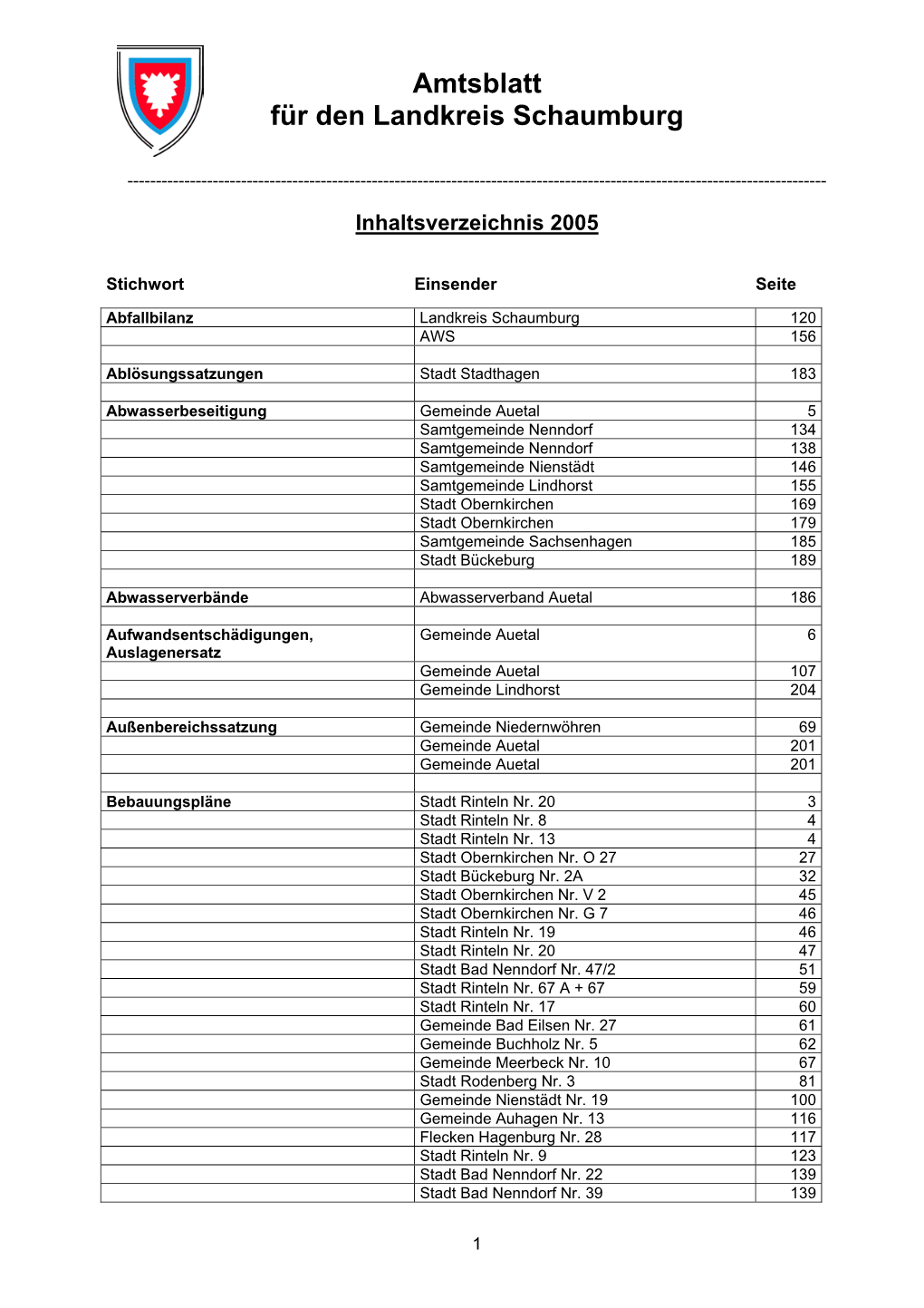 Inhaltsverzeichnis Amtsblatt 2005
