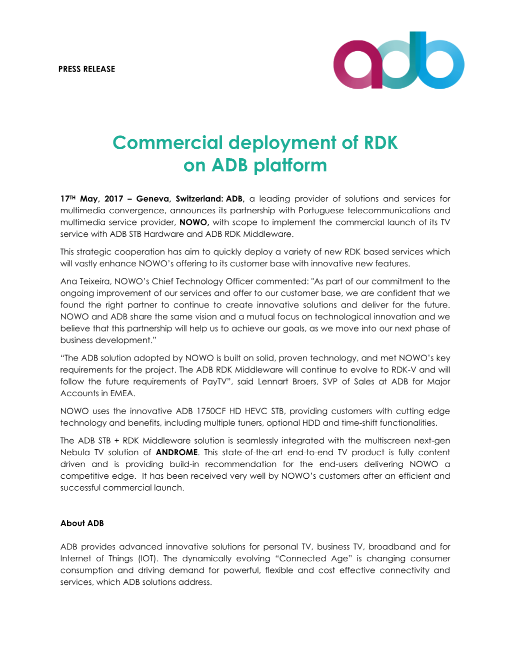 Commercial Deployment of RDK on ADB Platform