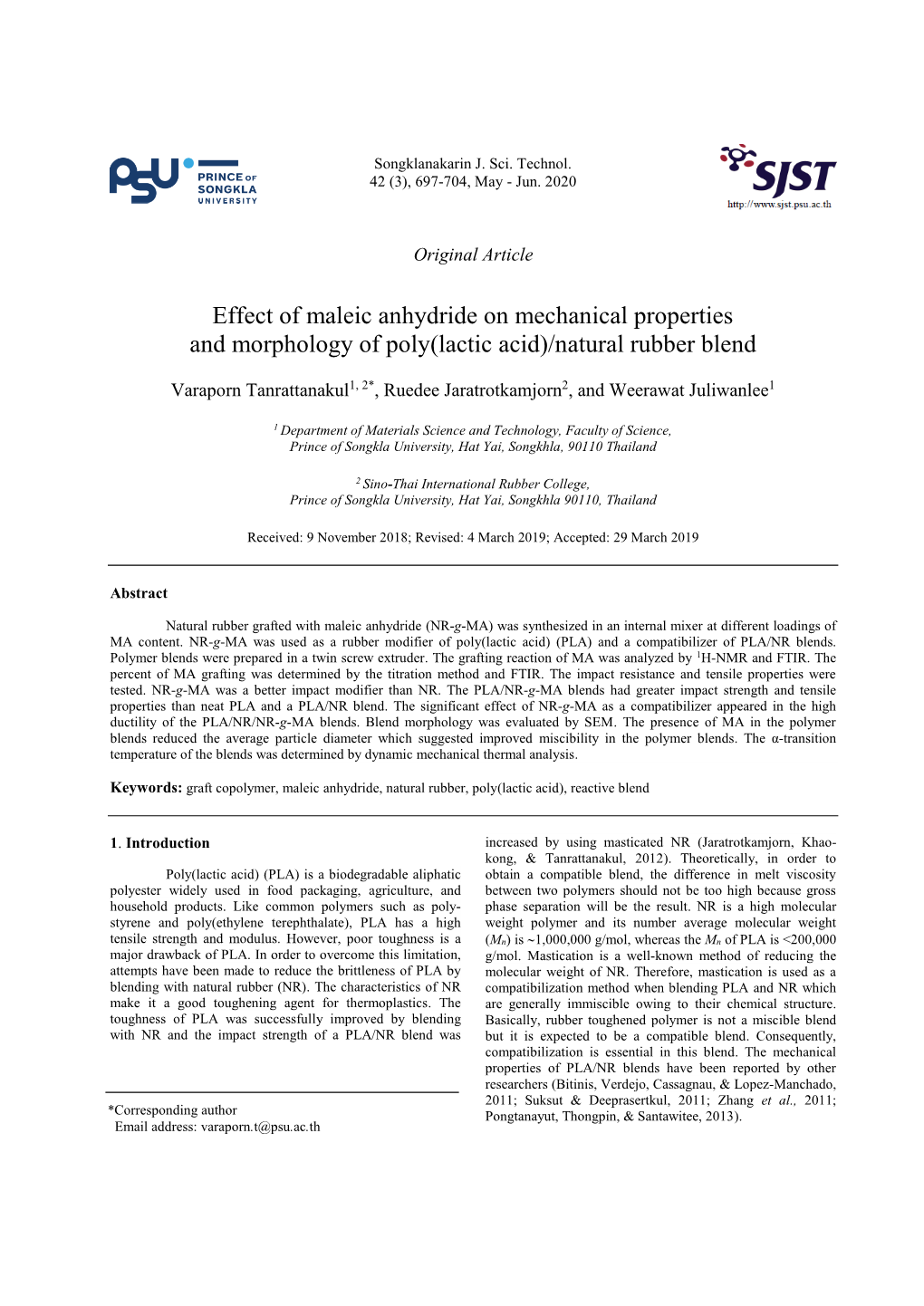 Effect of Maleic Anhydride on Mechanical Properties and Morphology of Poly(Lactic Acid)/Natural Rubber Blend