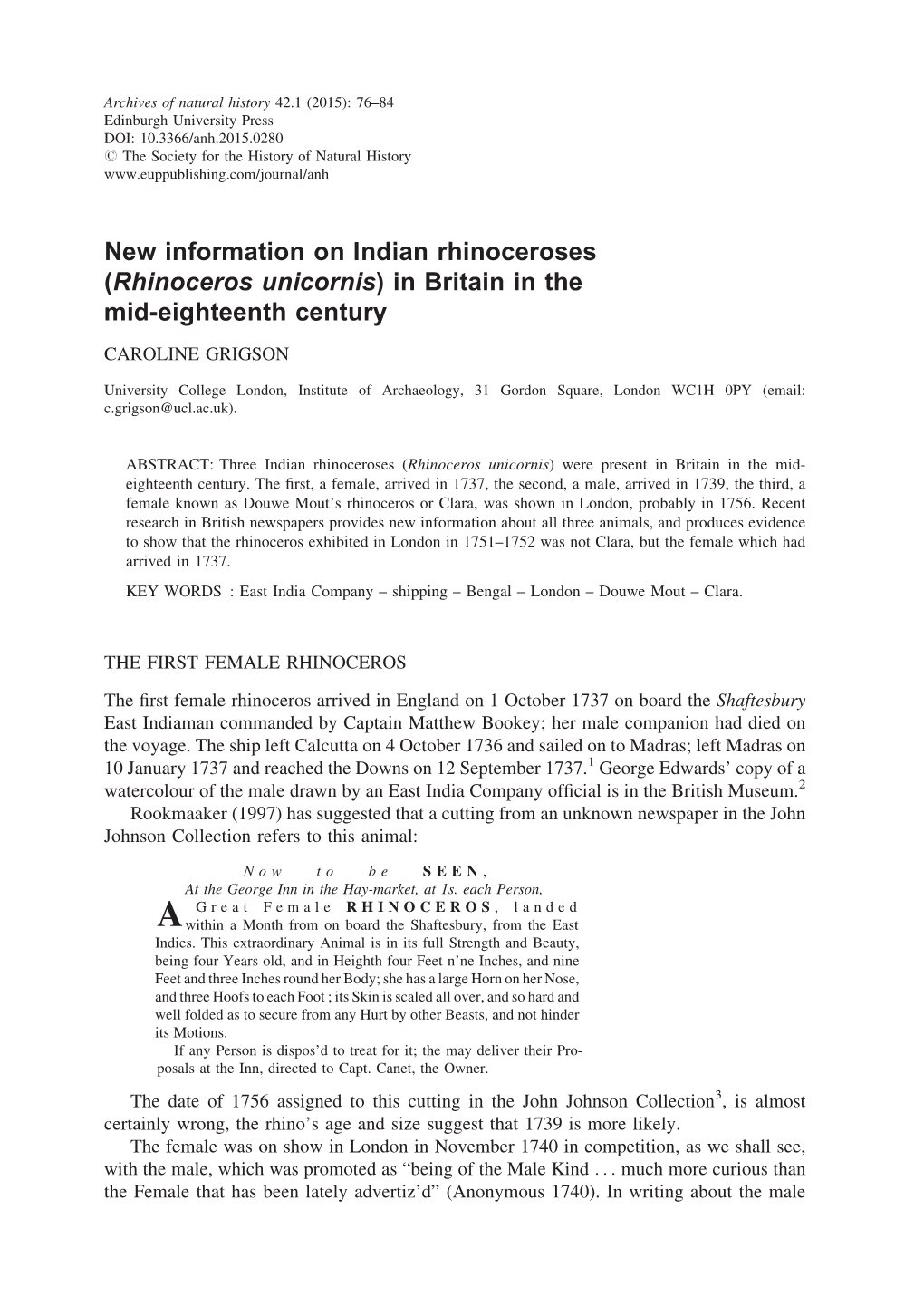 New Information on Indian Rhinoceroses (<Italic>Rhinoceros