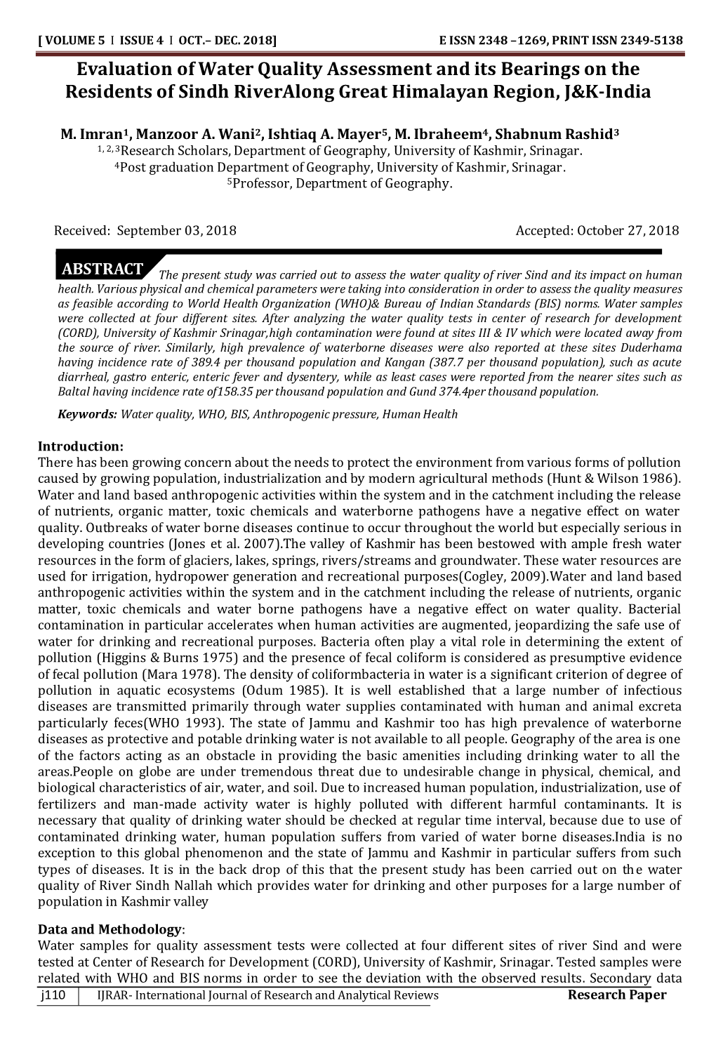 Evaluation of Water Quality Assessment and Its Bearings on the Residents of Sindh Riveralong Great Himalayan Region, J&K-India