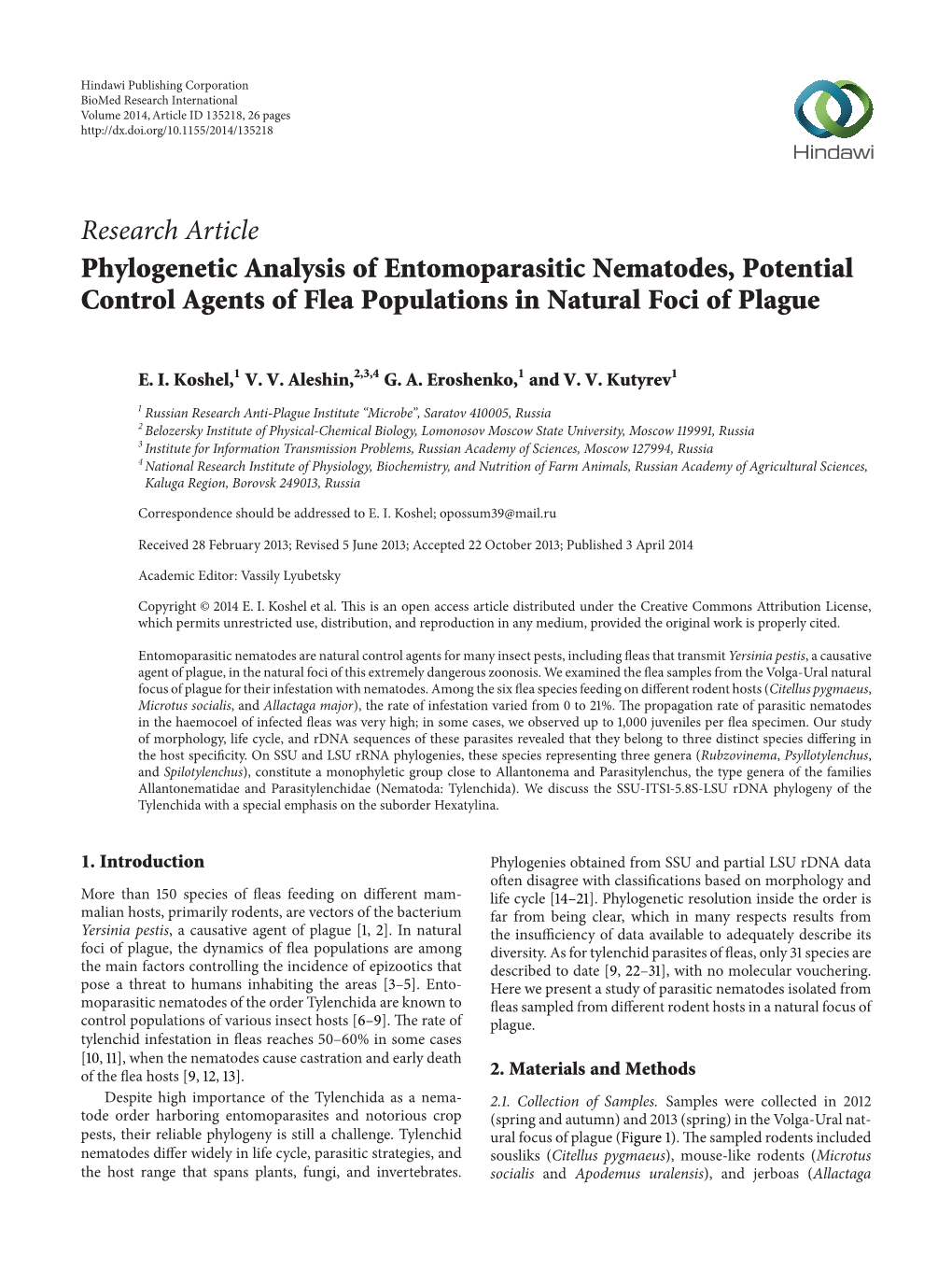 Phylogenetic Analysis of Entomoparasitic Nematodes, Potential Control Agents of Flea Populations in Natural Foci of Plague