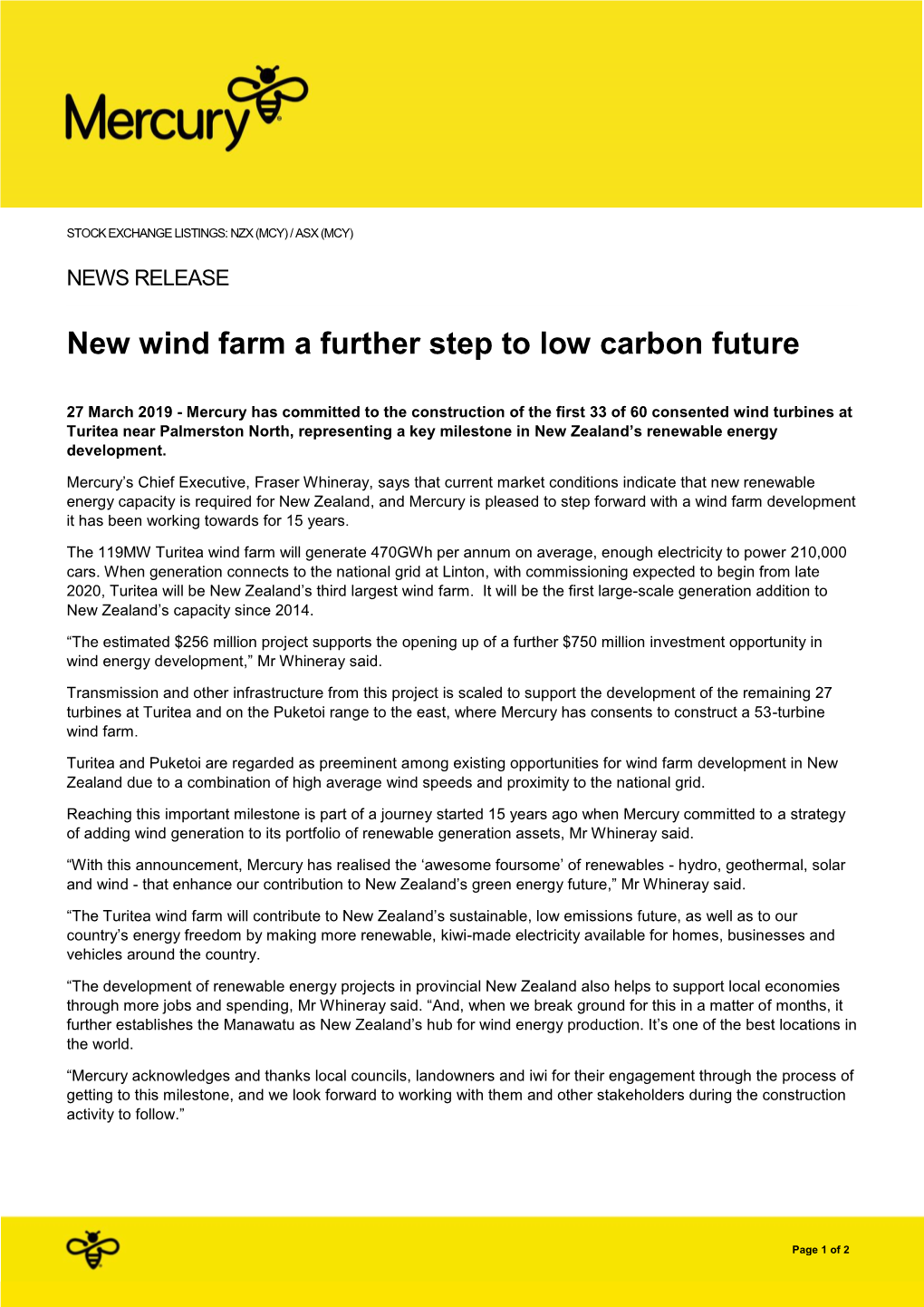 New Wind Farm a Further Step to Low Carbon Future