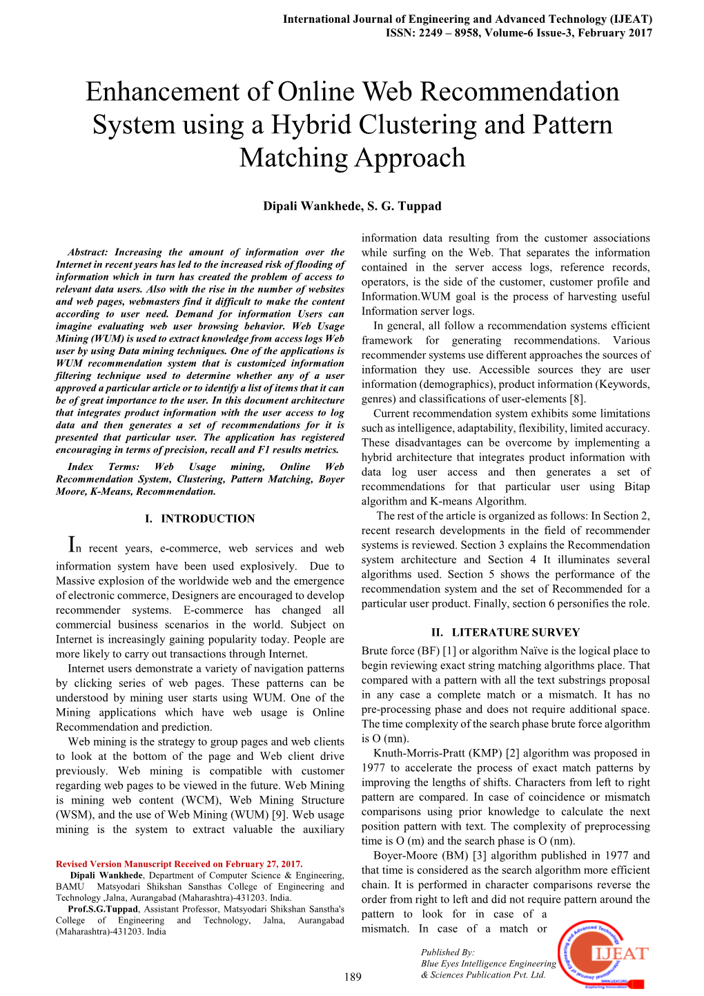 Enhancement of Online Web Recommendation System Using a Hybrid Clustering and Pattern Matching Approach