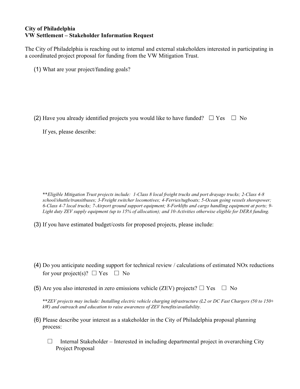 VW Settlement Stakeholder Information Request