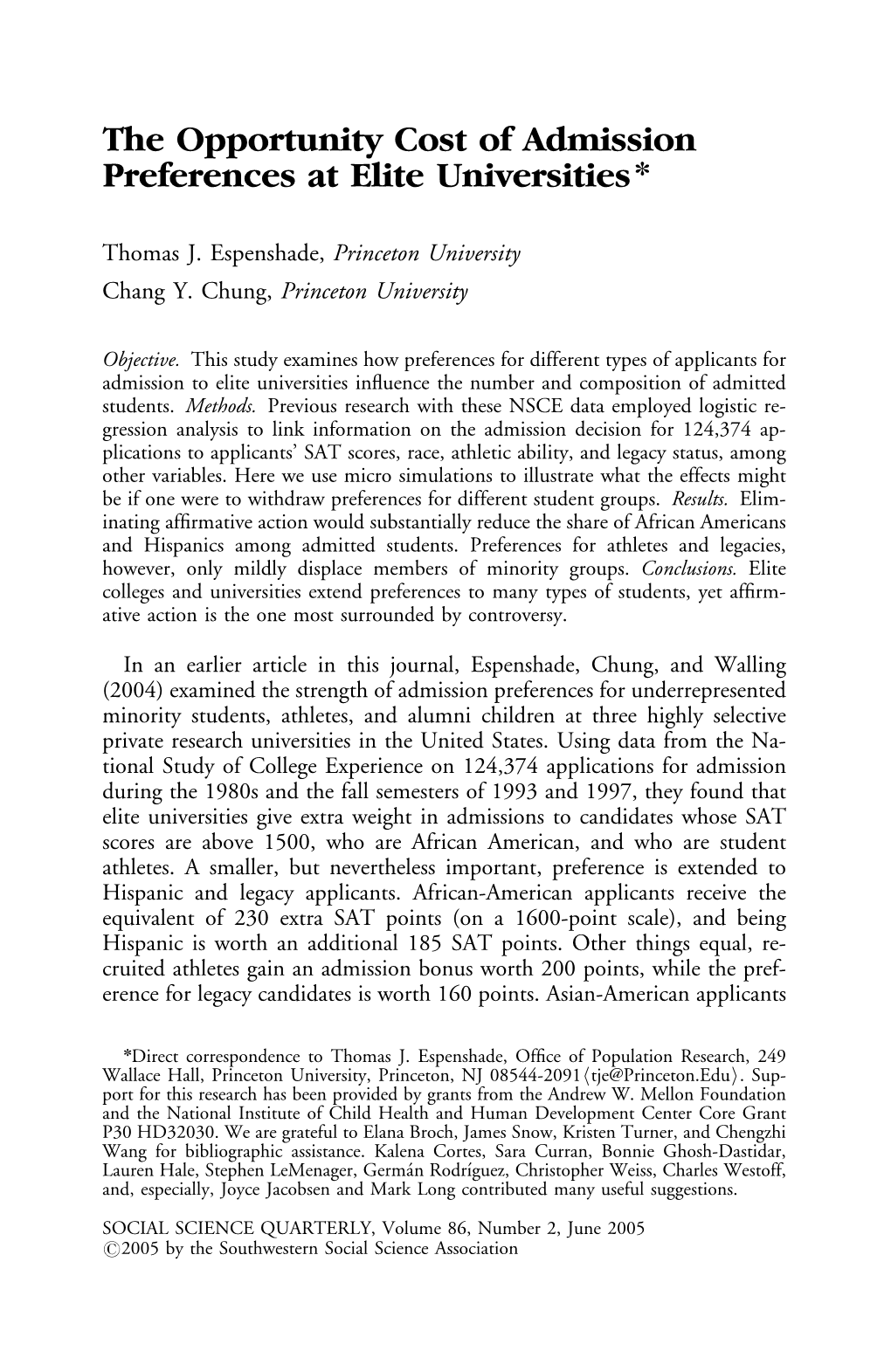 The Opportunity Cost of Admission Preferences at Elite Universitiesn