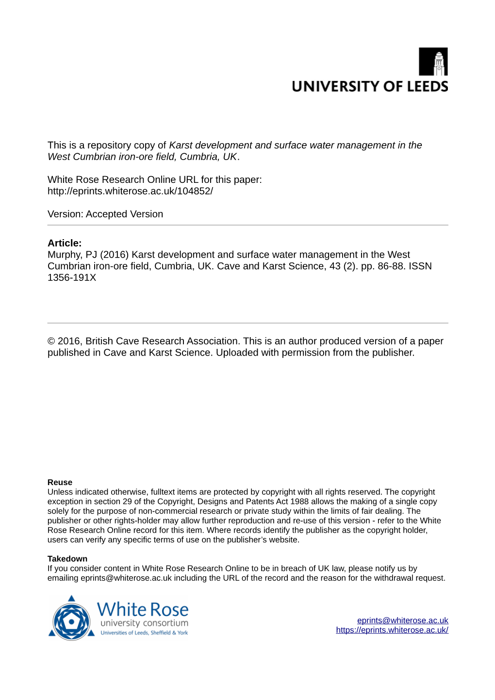 Karst Development and Surface Water Management in the West Cumbrian Iron-Ore Field, Cumbria, UK