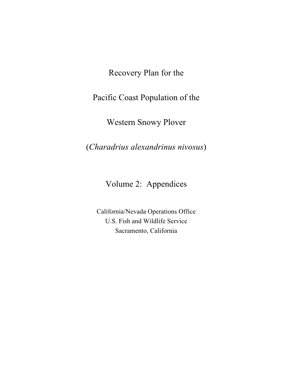 Recovery Plan for the Pacific Coast Population of the Western
