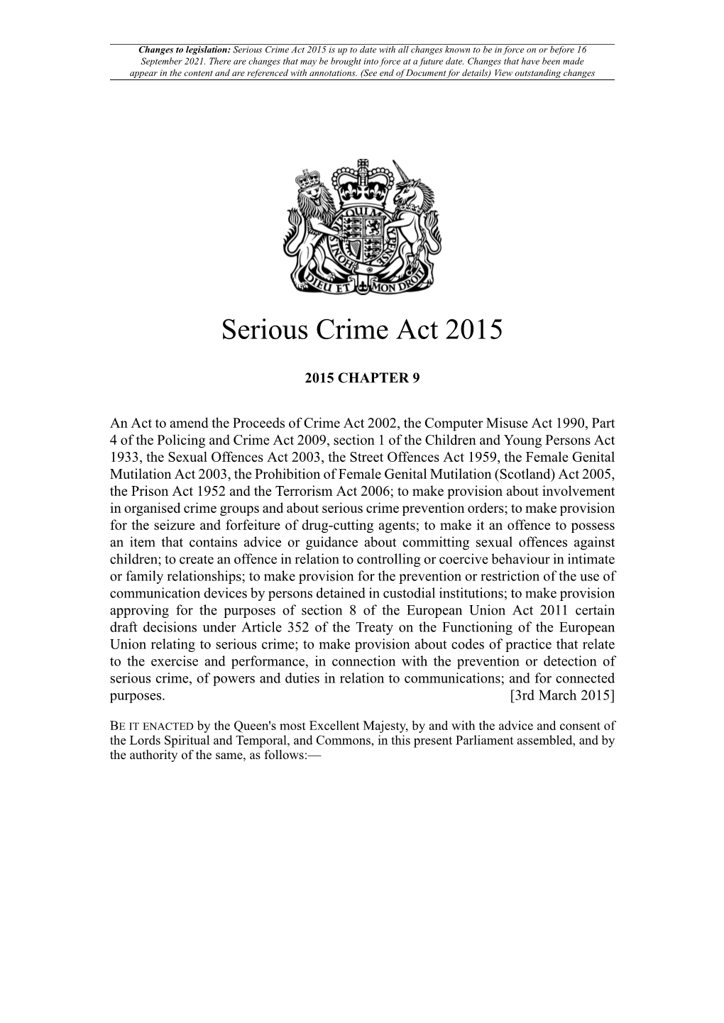 Serious Crime Act 2015 Is up to Date with All Changes Known to Be in Force on Or Before 16 September 2021