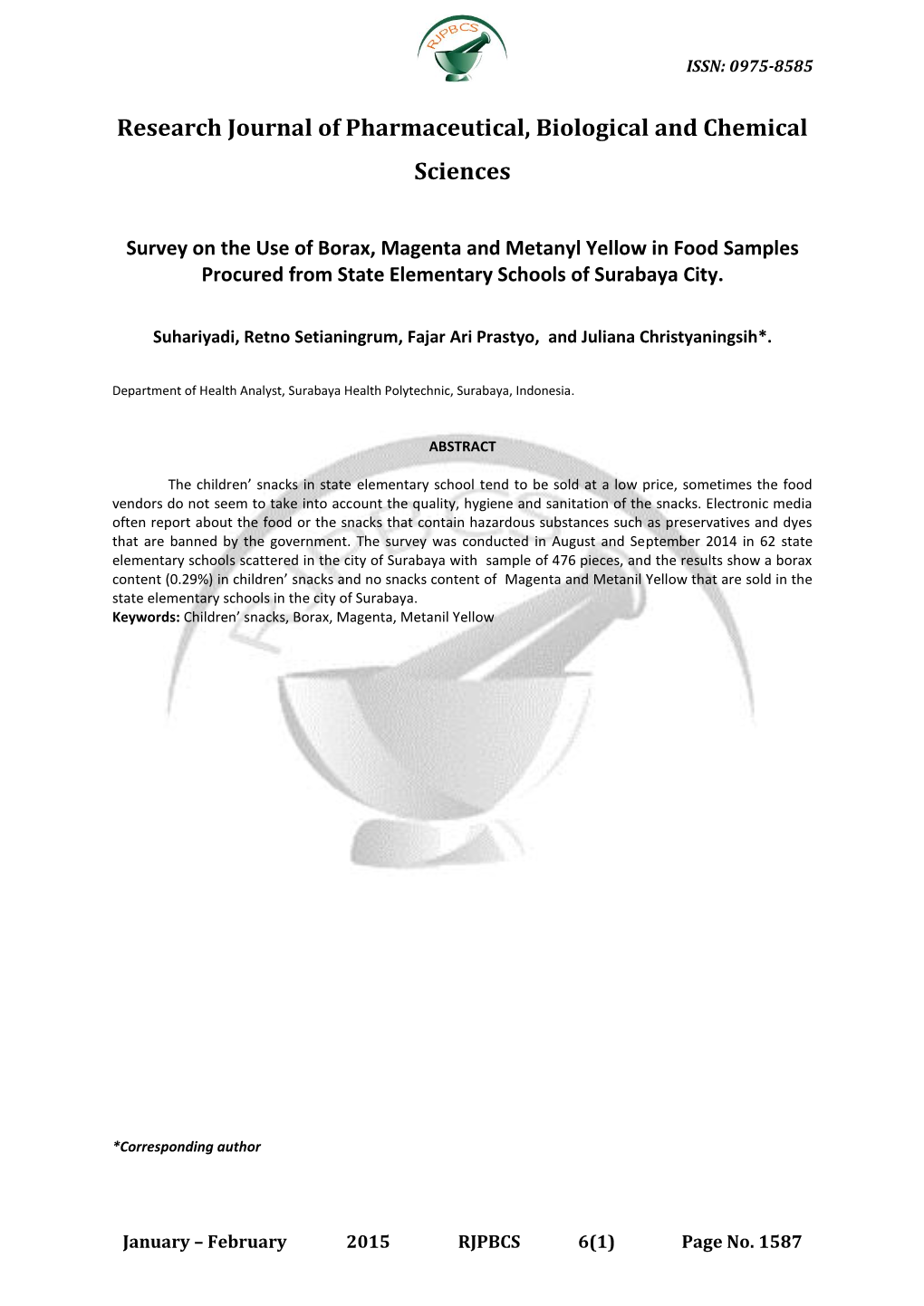 Survey on the Use of Borax, Magenta and Metanyl Yellow in Food Samples Procured from State Elementary Schools of Surabaya City