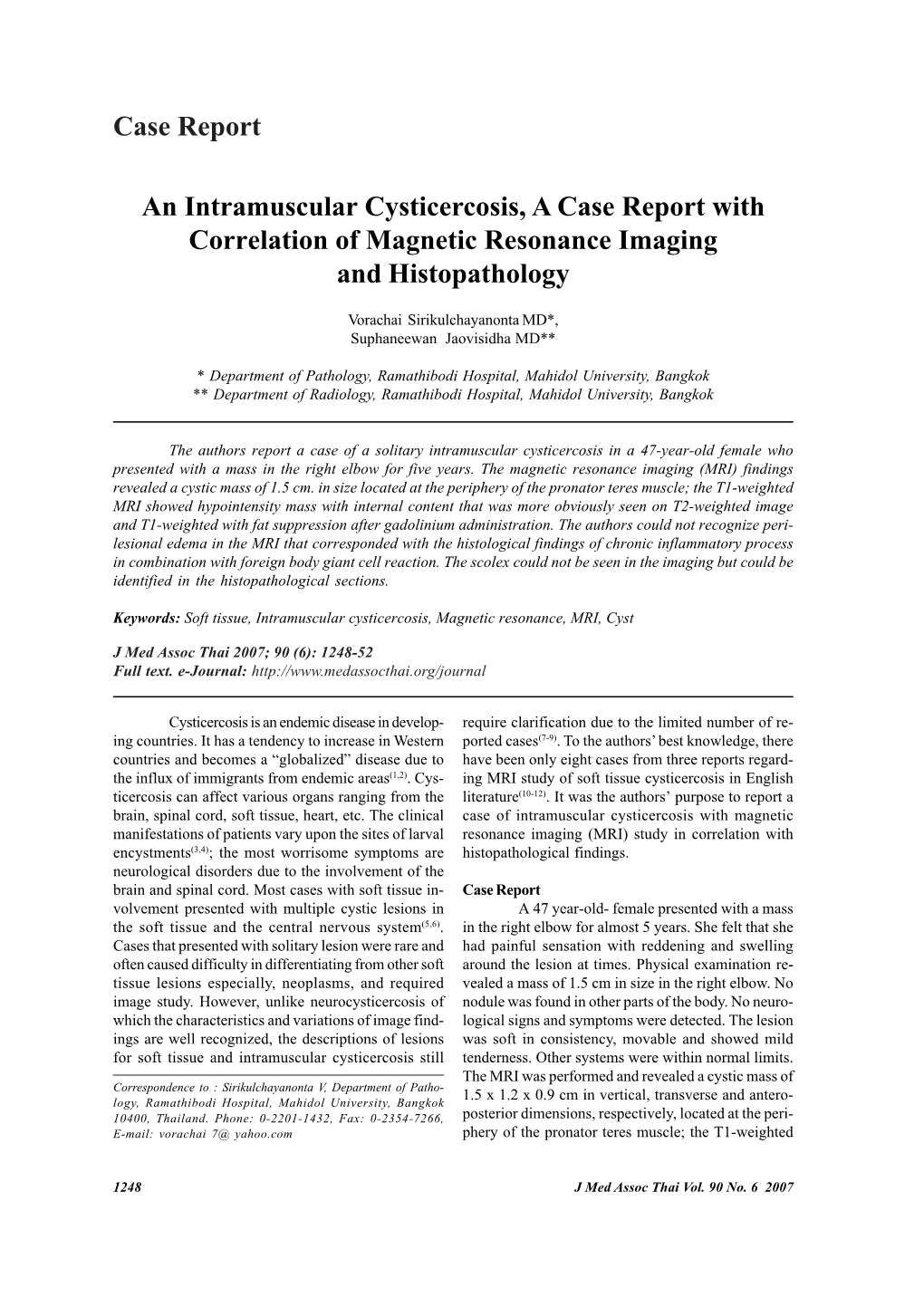 An Intramuscular Cysticercosis, a Case Report with Correlation of Magnetic Resonance Imaging and Histopathology