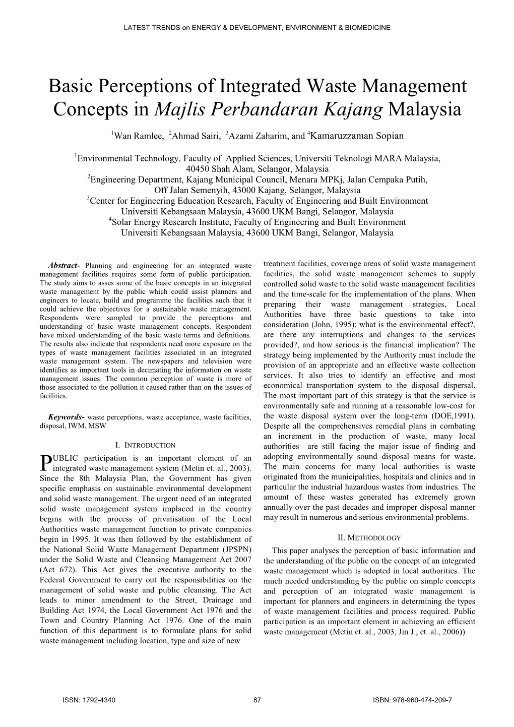 Basic Perceptions of Integrated Waste Management Concepts in Majlis Perbandaran Kajang Malaysia