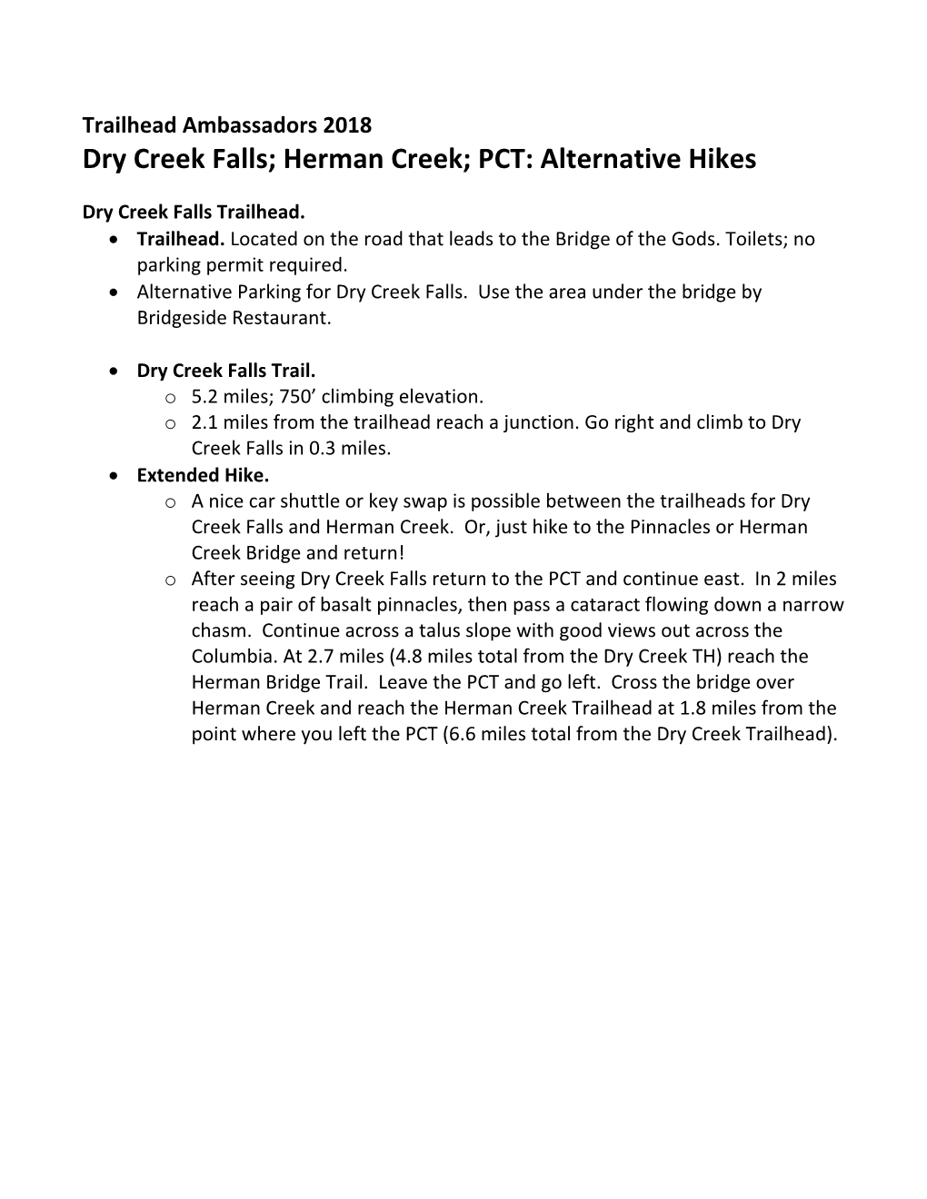 Dry Creek Falls; Herman Creek; PCT: Alternative Hikes