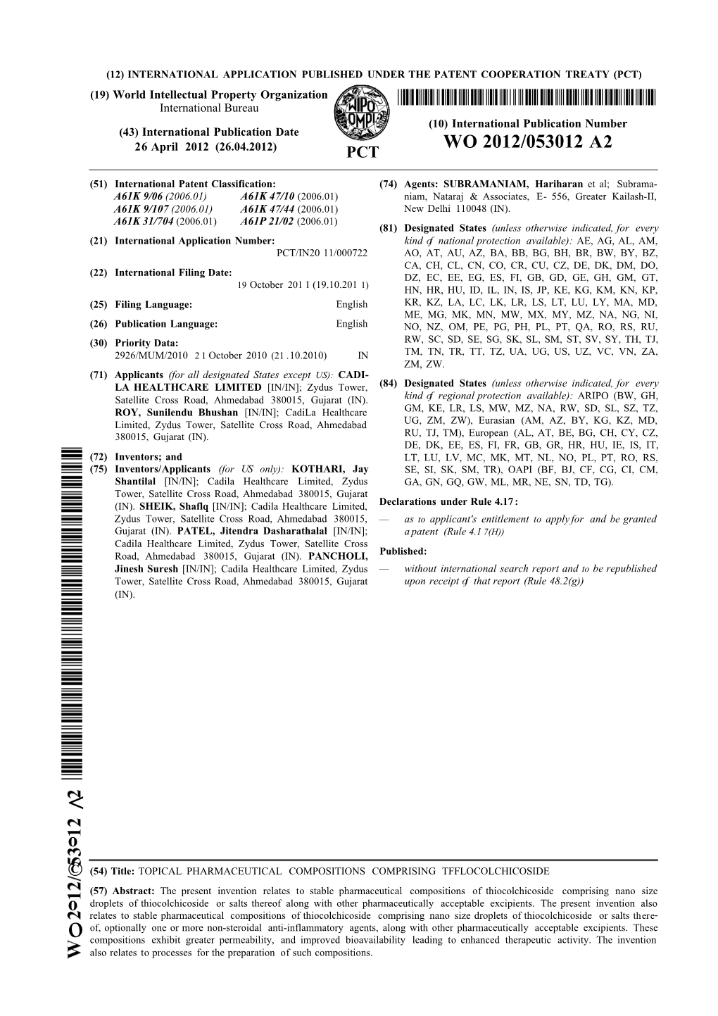 WO 2012/053012 A2 26 April 2012 (26.04.2012) PCT