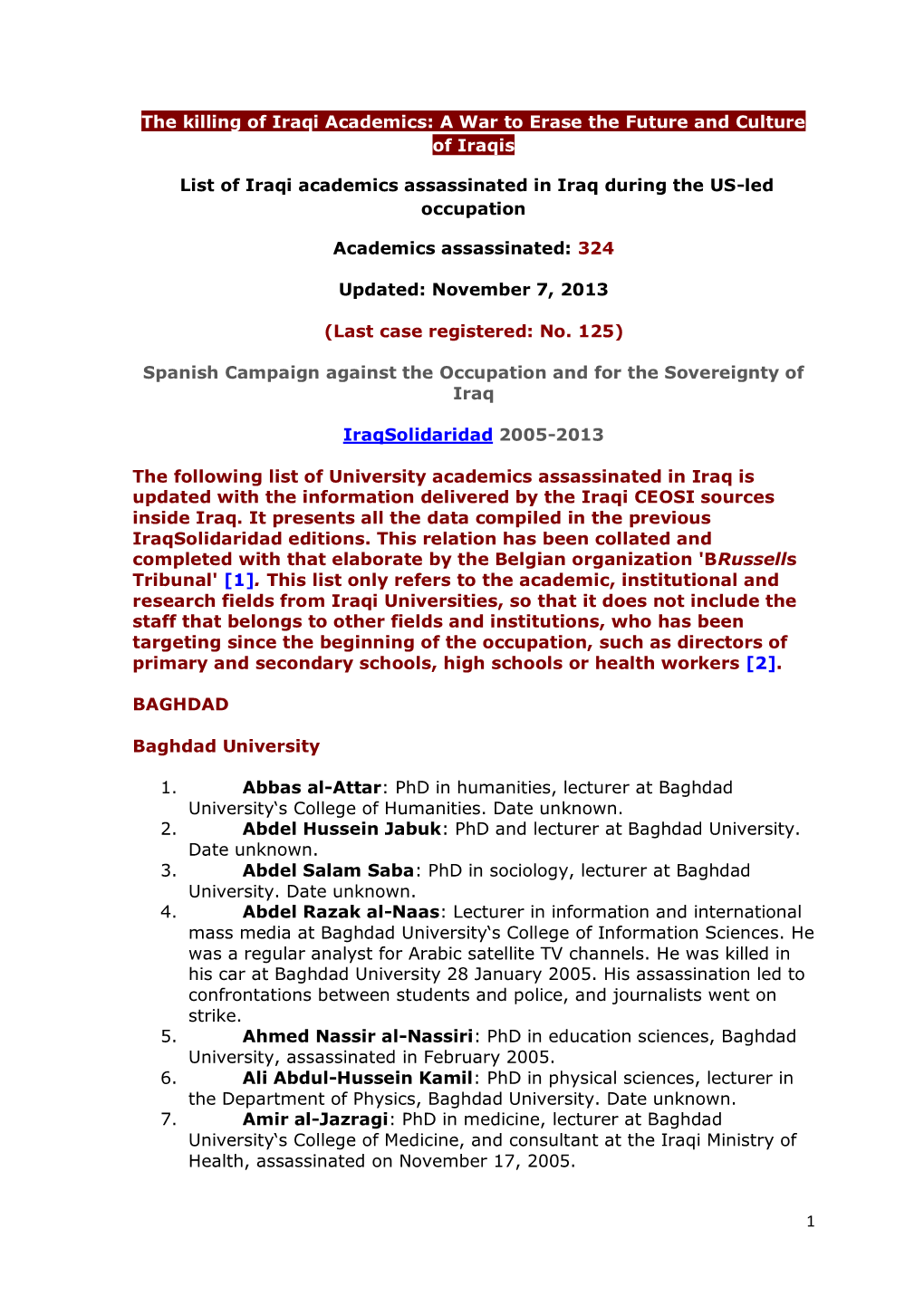 List of Iraqi Academics Assassinated in Iraq During the US-Led Occupation