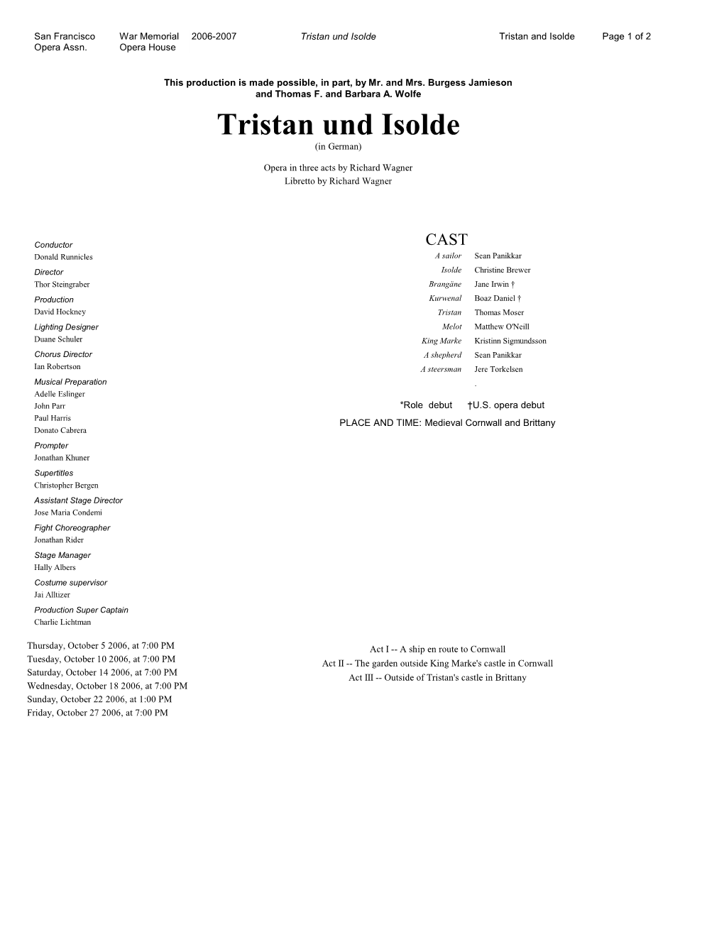 Tristan Und Isolde Tristan and Isolde Page 1 of 2 Opera Assn