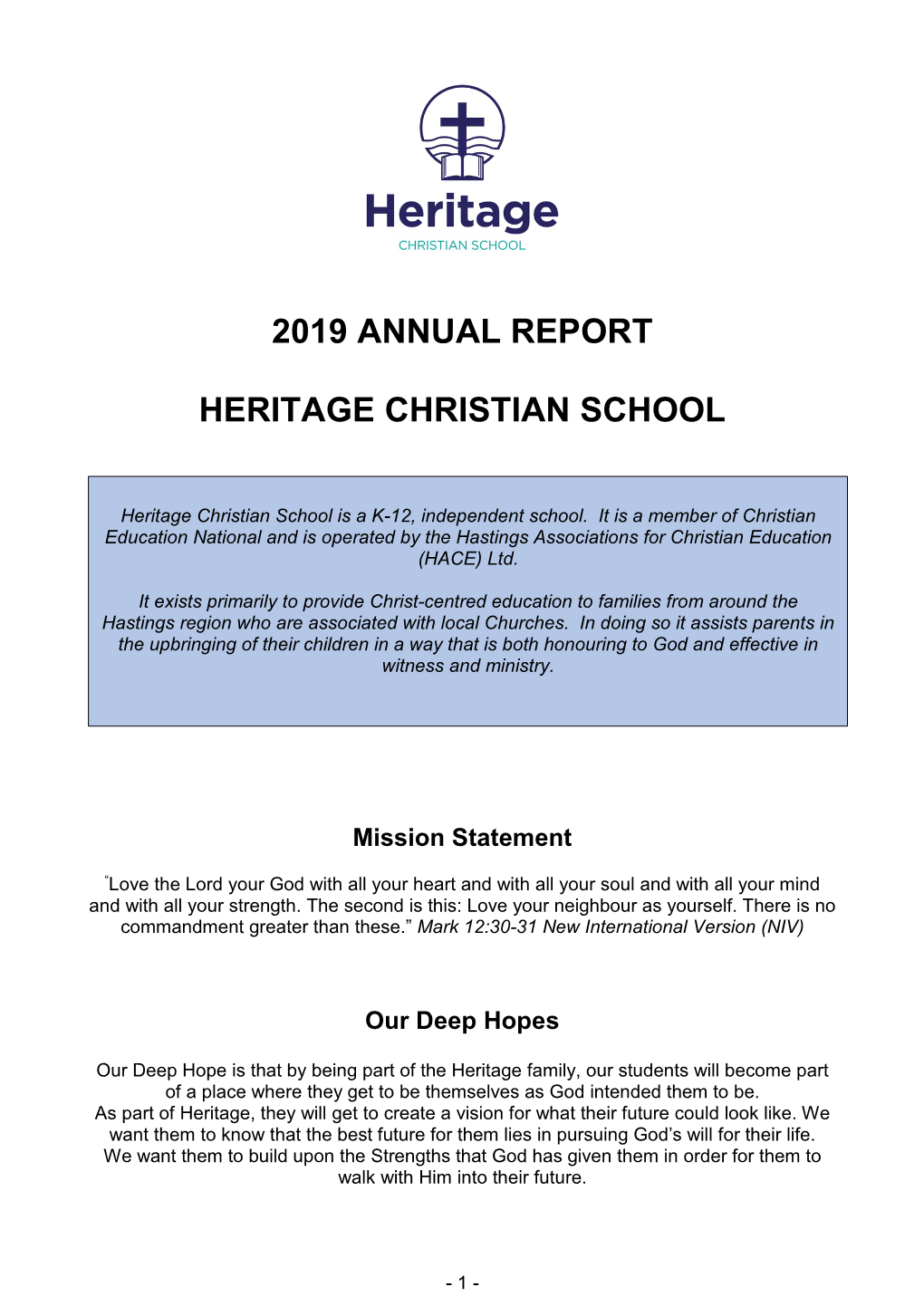 2019 Annual Report Heritage Christian School