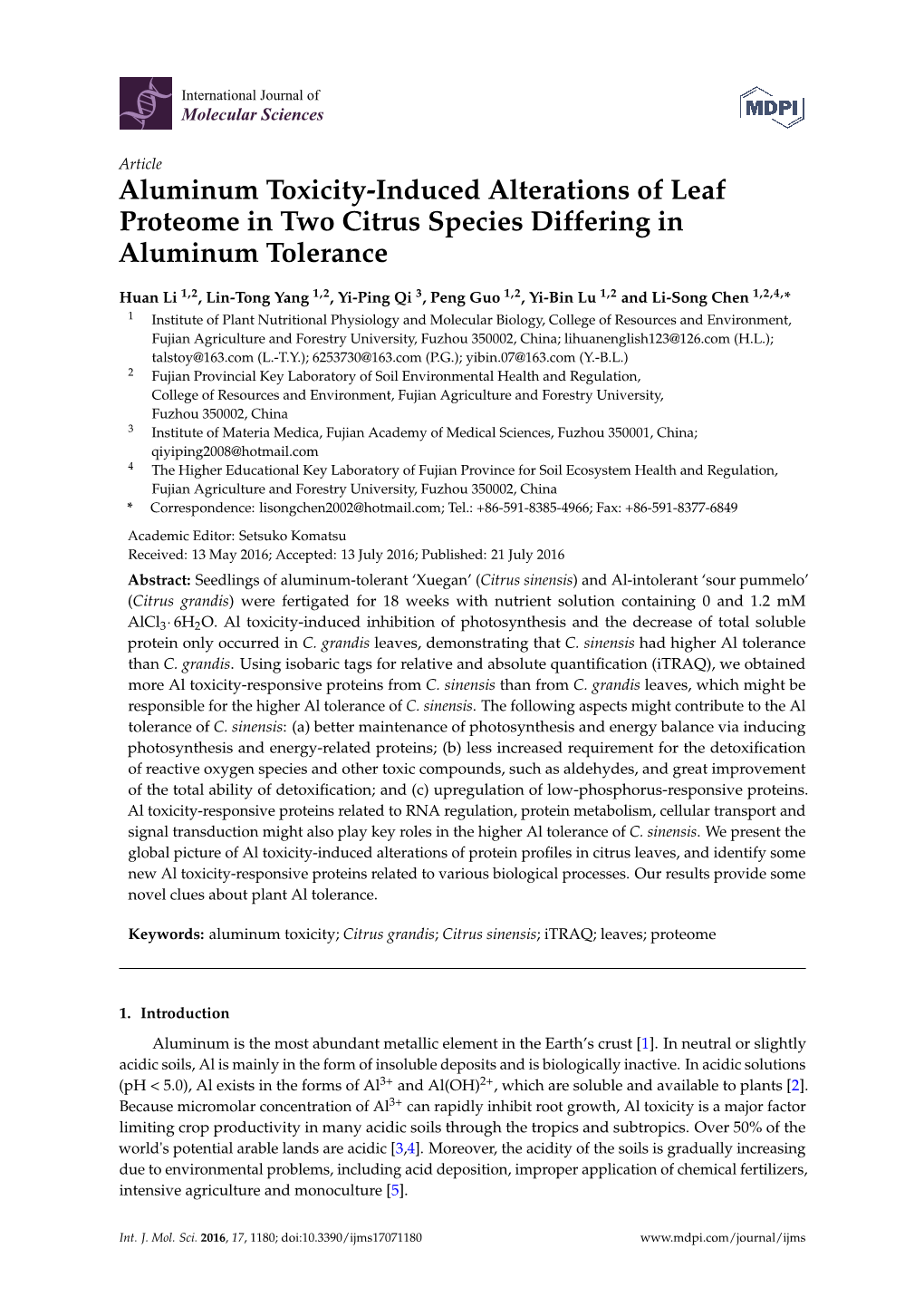 Aluminum Toxicity-Induced Alterations of Leaf Proteome in Two Citrus Species Differing in Aluminum Tolerance