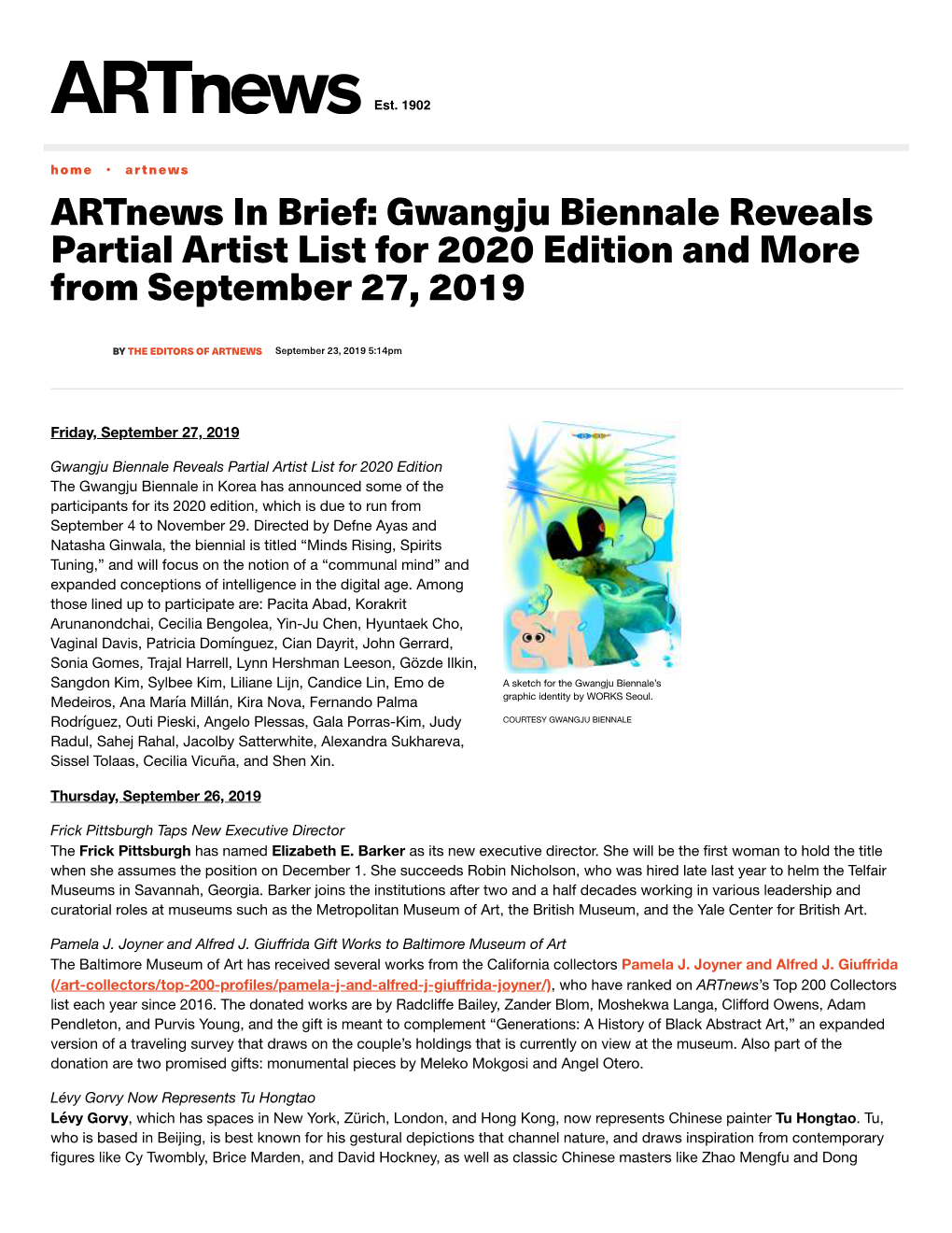 Artnews in Brief: Gwangju Biennale Reveals Partial Artist List for 2020 Edition and More from September 27, 2019