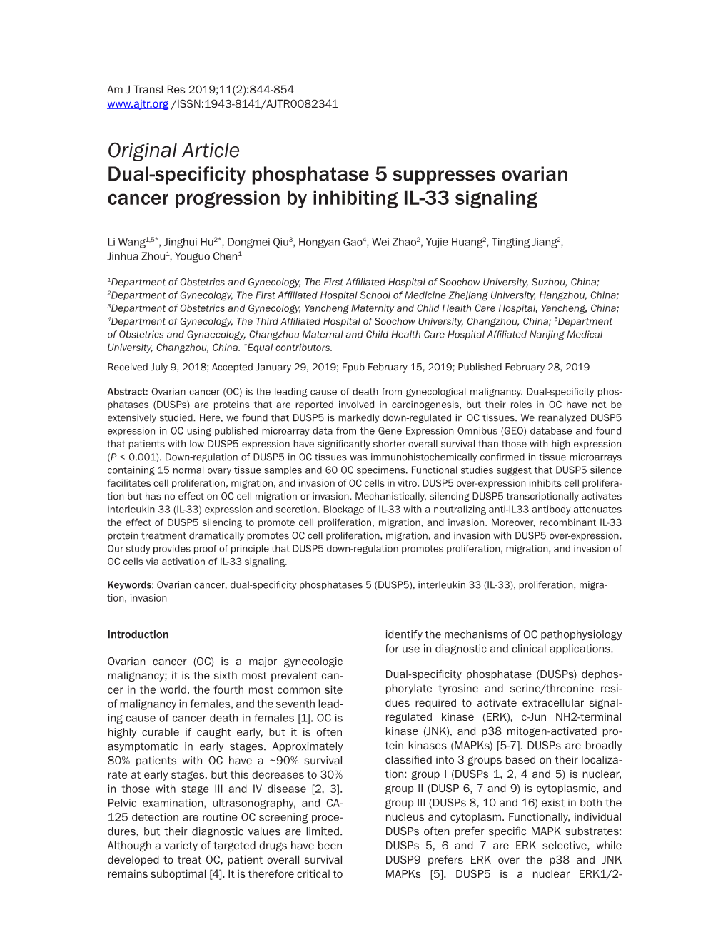 Original Article Dual-Specificity Phosphatase 5 Suppresses Ovarian Cancer Progression by Inhibiting IL-33 Signaling