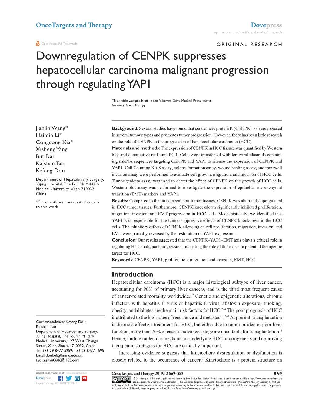 Downregulation of CENPK Suppresses Hepatocellular Carcinoma Malignant Progression Through Regulating YAP1