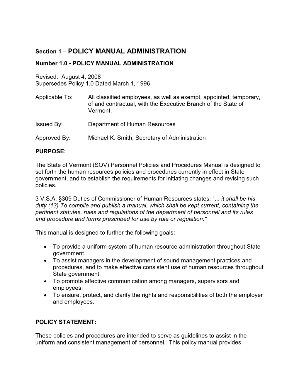 Section 1 – POLICY MANUAL ADMINISTRATION Number 1.0 - POLICY MANUAL ADMINISTRATION