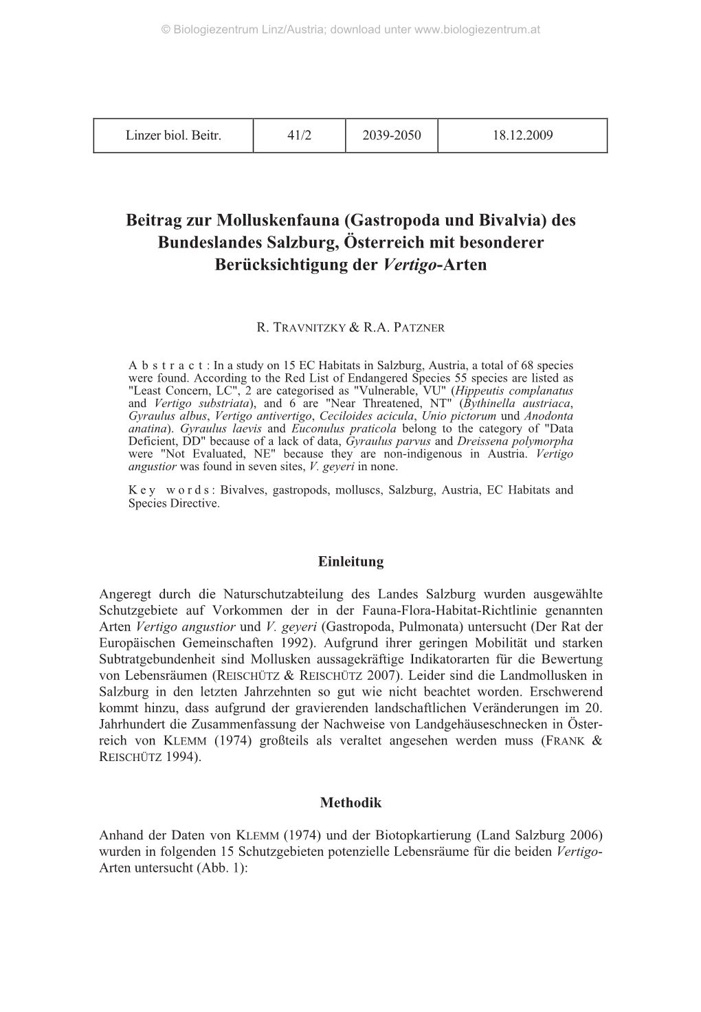 Beitrag Zur Molluskenfauna (Gastropoda Und Bivalvia) Des Bundeslandes Salzburg, Österreich Mit Besonderer Berücksichtigung Der Vertigo-Arten