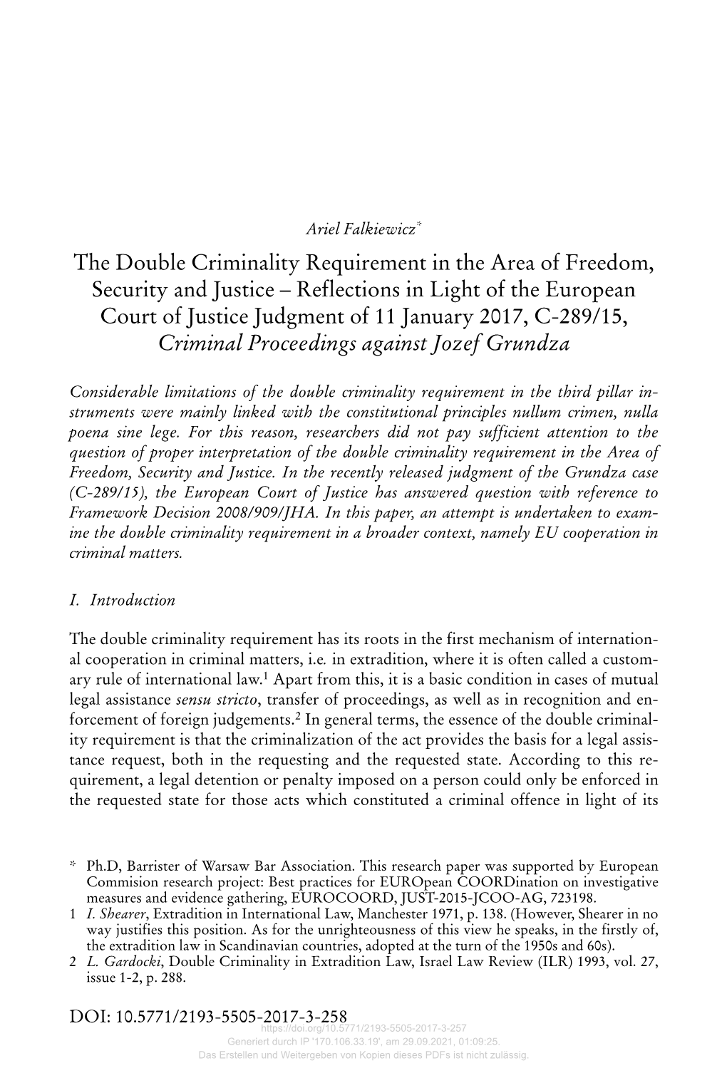 The Double Criminality Requirement in the Area of Freedom, Security