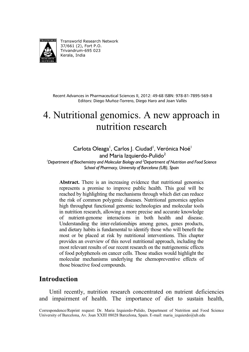 4. Nutritional Genomics. a New Approach in Nutrition Research