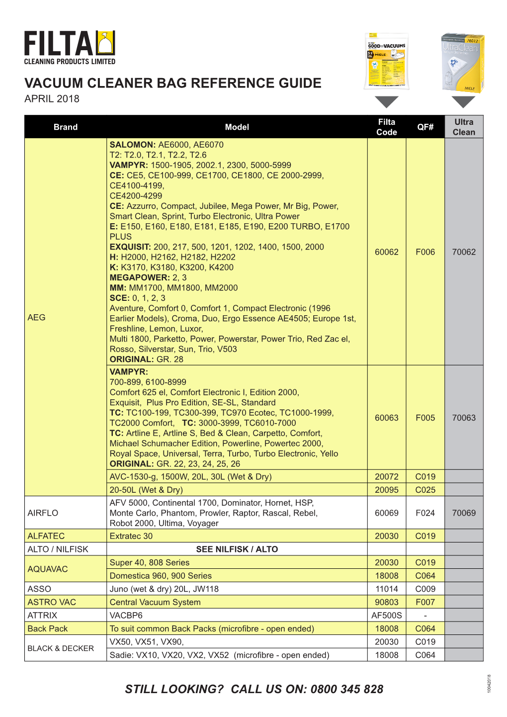 Vacuum Cleaner Bag Reference Guide April 2018