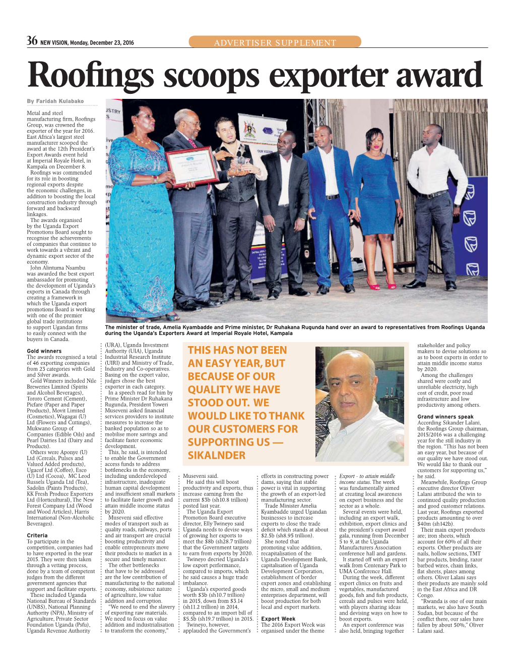 Roofings Scoops Exporter Award