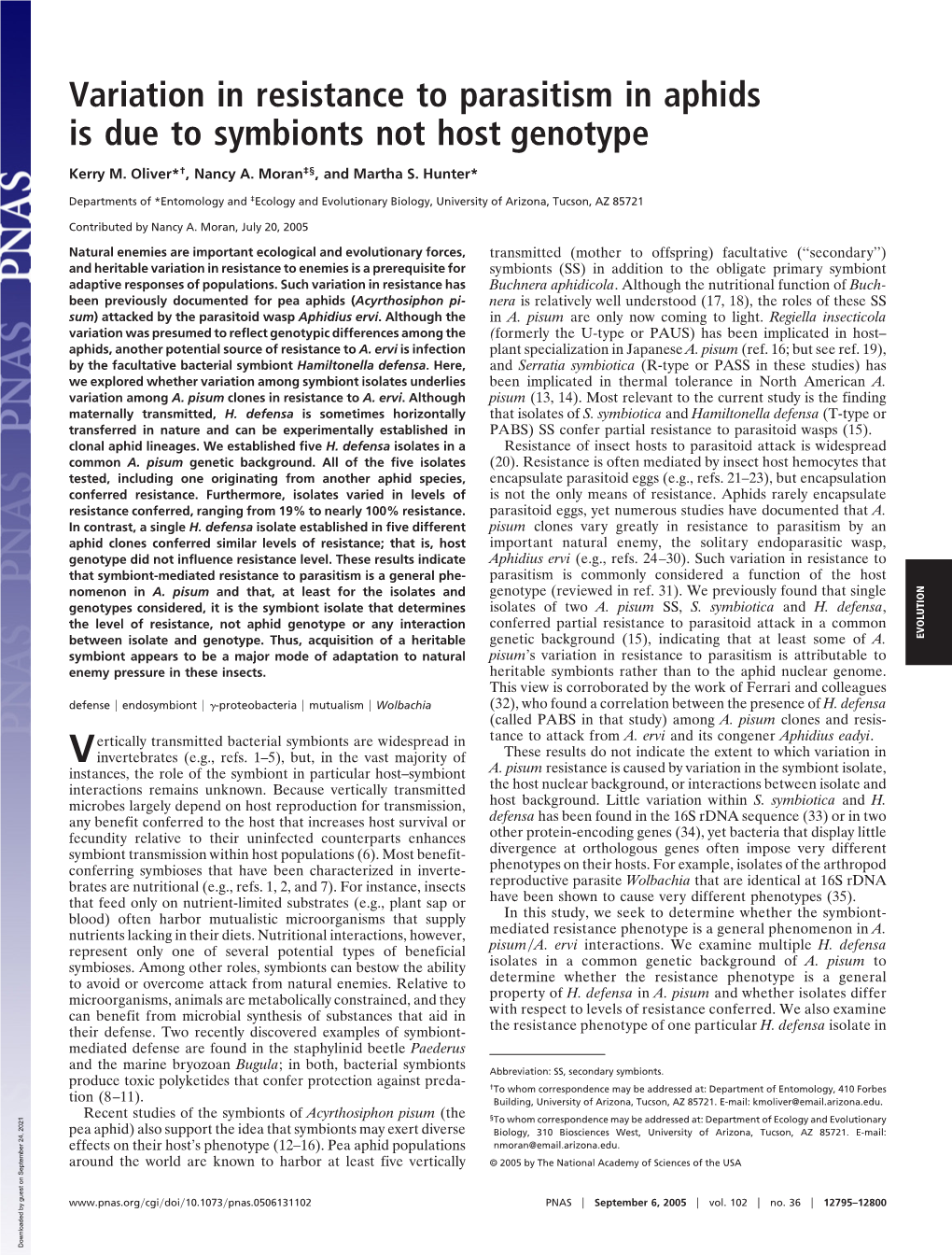 Variation in Resistance to Parasitism in Aphids Is Due to Symbionts Not Host Genotype