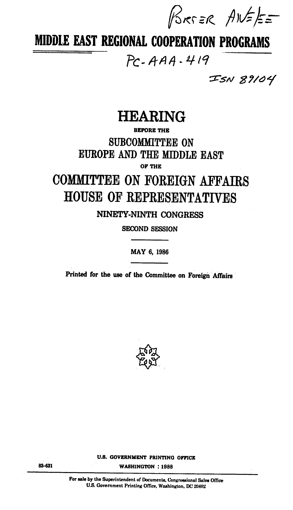 Middie East Regional Cooperation Programs Hearing Committee on Foreign Affairs House of Representatives