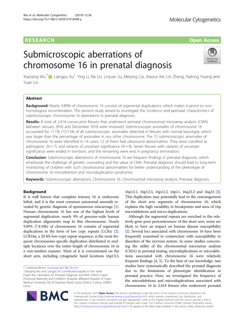 Submicroscopic Aberrations of Chromosome 16 in Prenatal Diagnosis